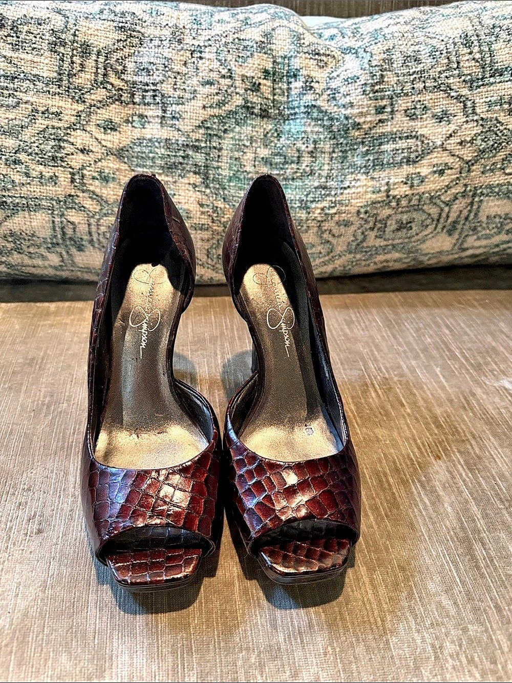 Jessica Simpson Brown Crocodile-Embossed Peep Toe Heels